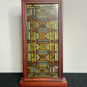 Frank Lloyd Wright Oak Park Stained Glass in Wood Frame with Stand